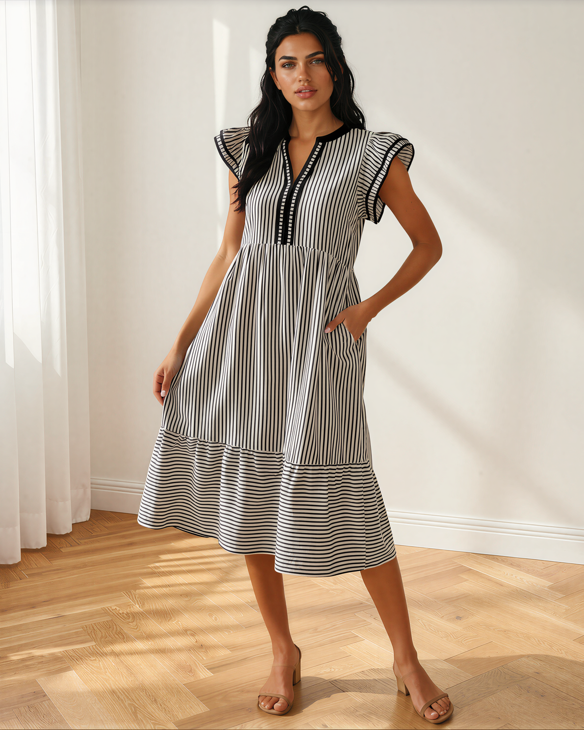 Nyla Contrast Trim V Neck Midi Dress