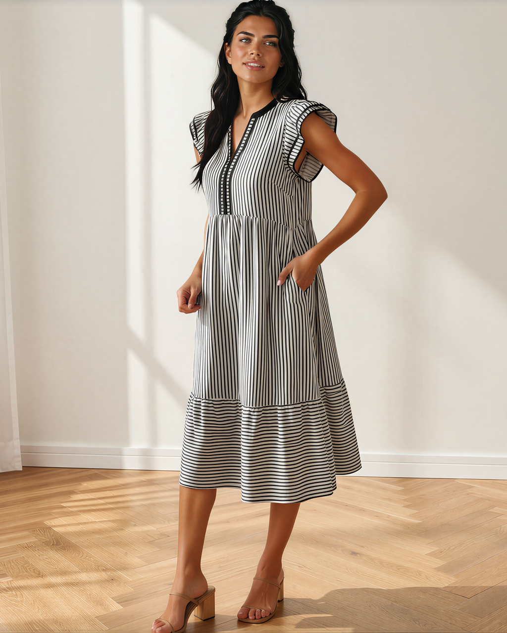 Nyla Contrast Trim V Neck Midi Dress